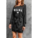 Black MAMA Heart Shaped Print Tie Waist Long Sleeve Mini Dress